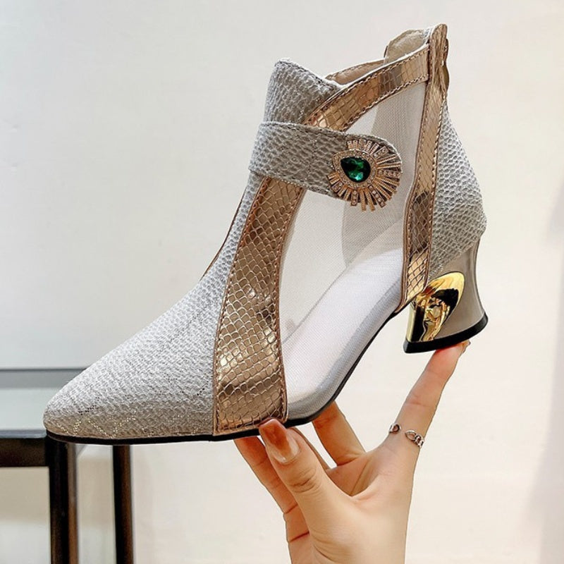 Vintage Mesh Design Chunky Heel Ankle Boots
