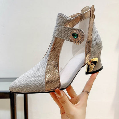 Vintage Mesh Design Chunky Heel Ankle Boots