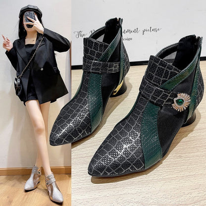 Vintage Mesh Design Chunky Heel Ankle Boots