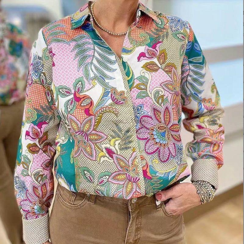 Women's Floral Print Lapel Long Sleeve Blouse