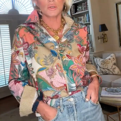Women's Floral Print Lapel Long Sleeve Blouse