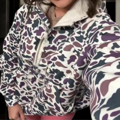Camouflage Print Hooded Sweatshirt with Quarter Zip