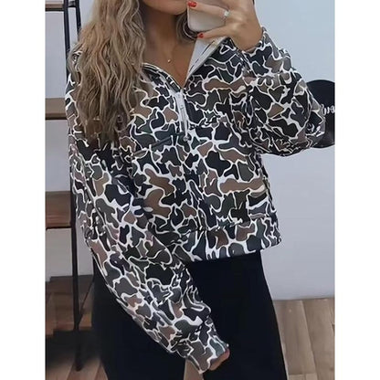 Camouflage Print Hooded Sweatshirt with Quarter Zip