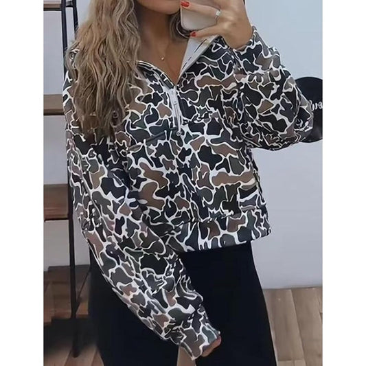 Camouflage Print Hooded Sweatshirt with Quarter Zip