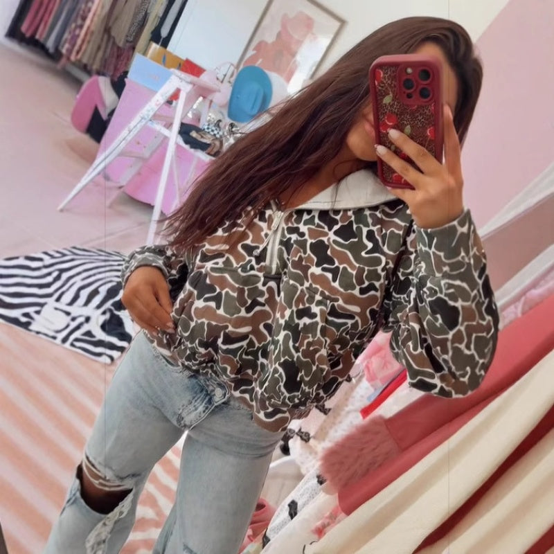 Camouflage Print Hooded Sweatshirt with Quarter Zip