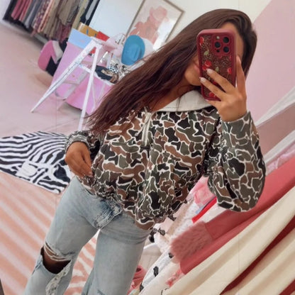 Camouflage Print Hooded Sweatshirt with Quarter Zip