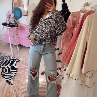 Camouflage Print Hooded Sweatshirt with Quarter Zip