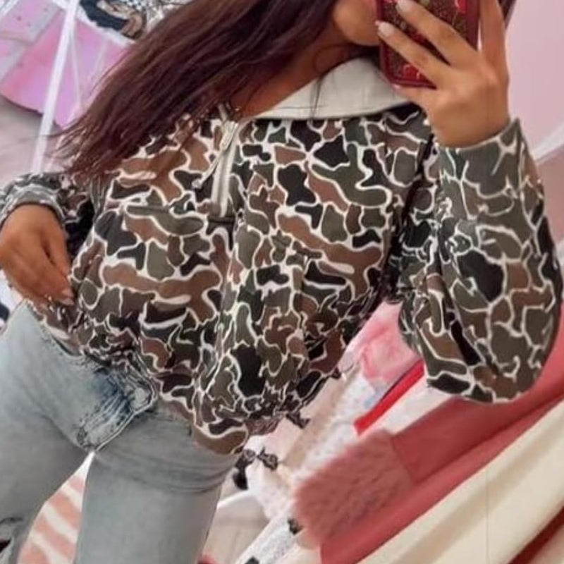 Camouflage Print Hooded Sweatshirt with Quarter Zip