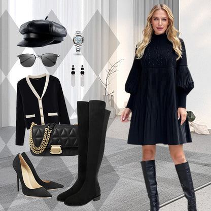 Women's Elegant Lantern Sleeve Pleated Dress