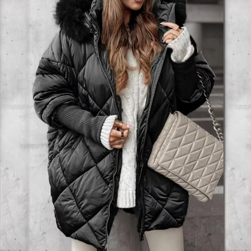 🧥 60% OFF! ❄️ Women’s Fashion Mid-length Parka – Knit Sleeve Patchwork, Stylish & Warm for Cold Days ✨