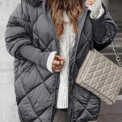 🧥 60% OFF! ❄️ Women’s Fashion Mid-length Parka – Knit Sleeve Patchwork, Stylish & Warm for Cold Days ✨