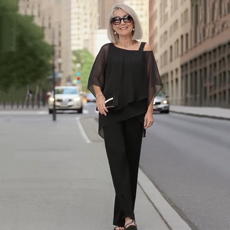 Women’s Irregular Chiffon Tops ＆ Wide-Leg Pants 2-Piece Set