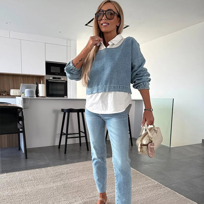 💖Women's Fashion Long Sleeve Denim Top & Pants Two Piece Set