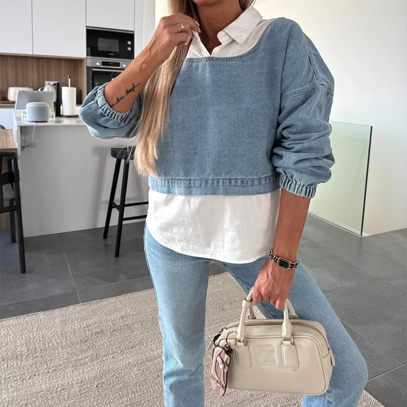 💖Women's Fashion Long Sleeve Denim Top & Pants Two Piece Set