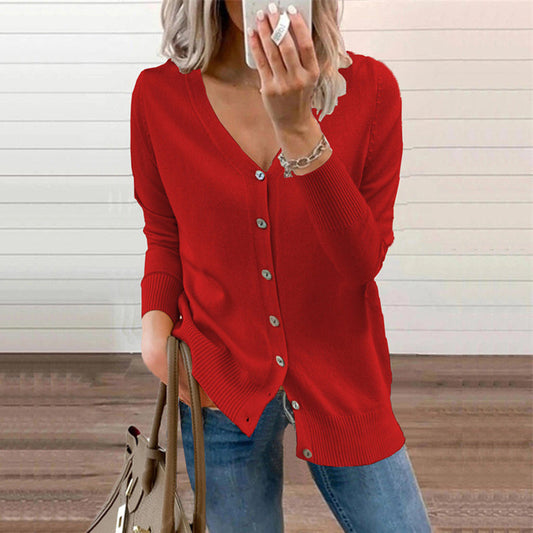 💥New Arrivals: Hot Sellers-Women's Solid Color Buttoned V-Neck Knit Top