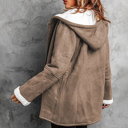 Women's Hooded Suede Coat with Plush Lining