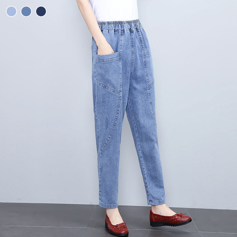Women's Elastic High Waist Straight Denim Pants
