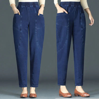 Women's Elastic High Waist Straight Denim Pants