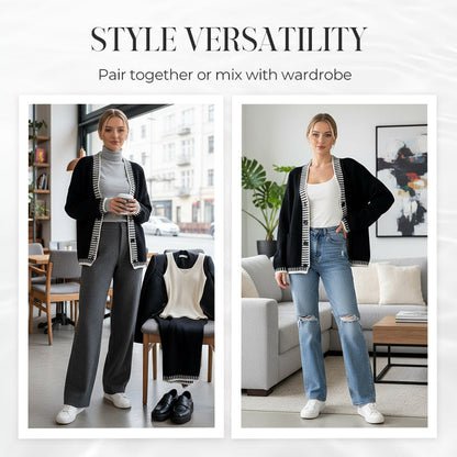 Women’s Stylish Knit Cardigan & Wide Leg Pants 2-Piece Set