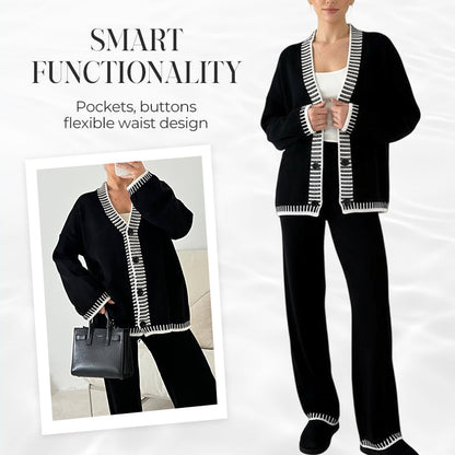 Women’s Stylish Knit Cardigan & Wide Leg Pants 2-Piece Set