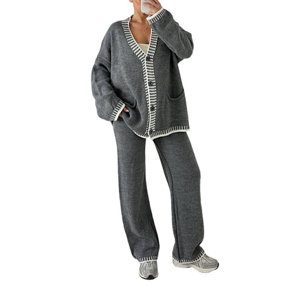Women’s Stylish Knit Cardigan & Wide Leg Pants 2-Piece Set