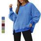 Casual Crewneck Color-Blocked Sweatshirt with Side Split