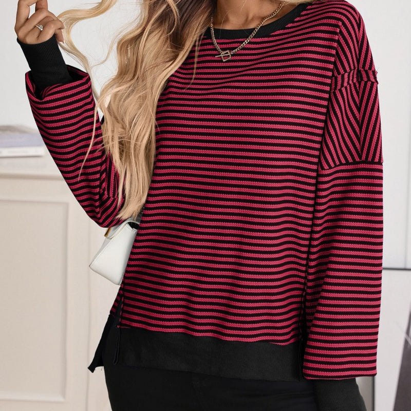 Casual Crewneck Color-Blocked Sweatshirt with Side Split