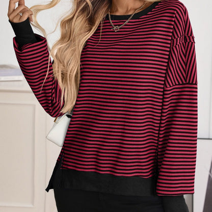 Casual Crewneck Color-Blocked Sweatshirt with Side Split