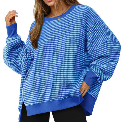 Casual Crewneck Color-Blocked Sweatshirt with Side Split