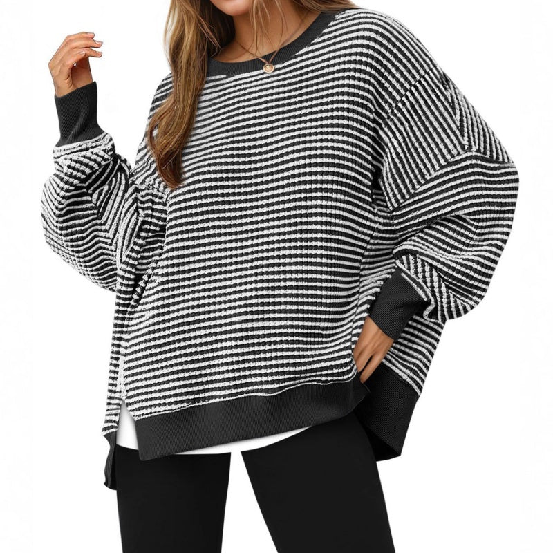 Casual Crewneck Color-Blocked Sweatshirt with Side Split