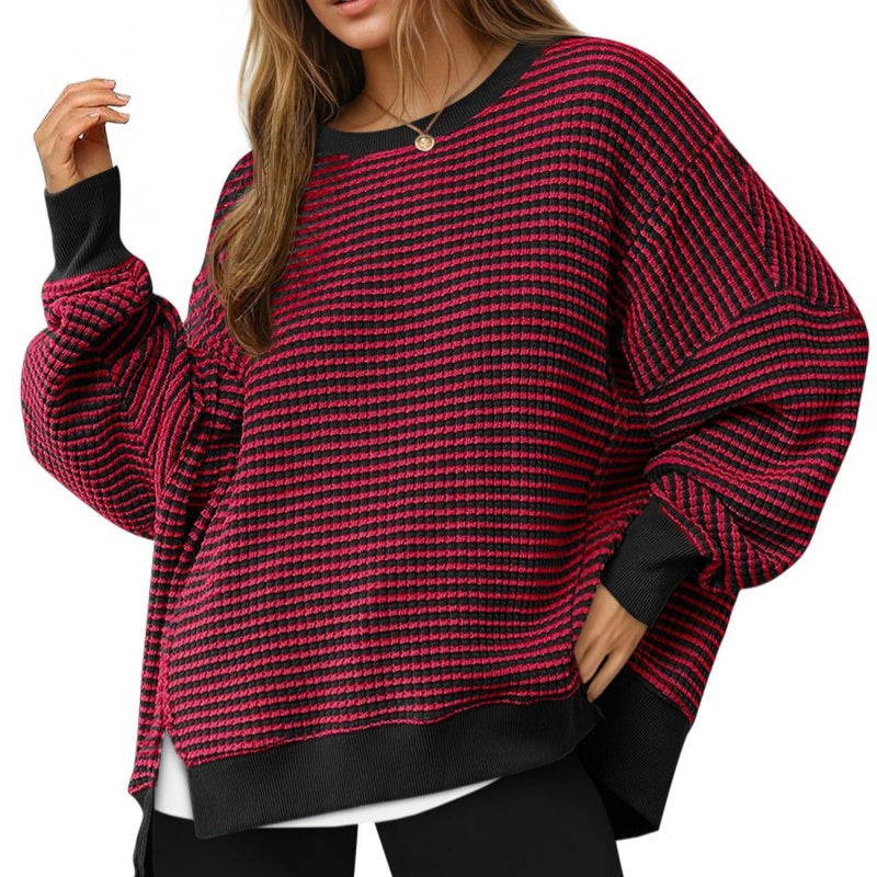 Casual Crewneck Color-Blocked Sweatshirt with Side Split