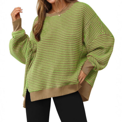 Casual Crewneck Color-Blocked Sweatshirt with Side Split