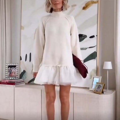 🔥 LAST DAY PROMOTION - 50%OFF 🔥Women's Turtleneck Ribbed Knit Sweater Tulle Mini Dress