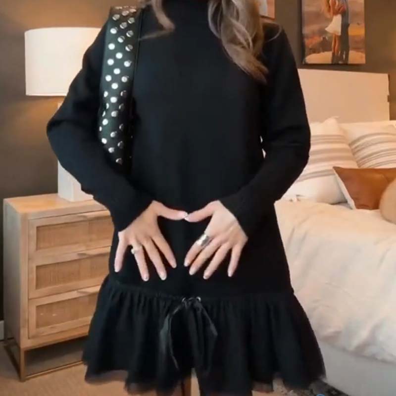 🔥 LAST DAY PROMOTION - 50%OFF 🔥Women's Turtleneck Ribbed Knit Sweater Tulle Mini Dress