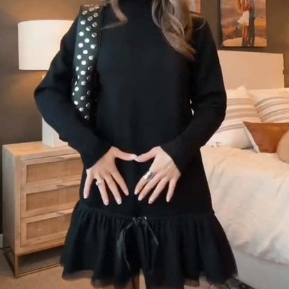 🔥 LAST DAY PROMOTION - 50%OFF 🔥Women's Turtleneck Ribbed Knit Sweater Tulle Mini Dress