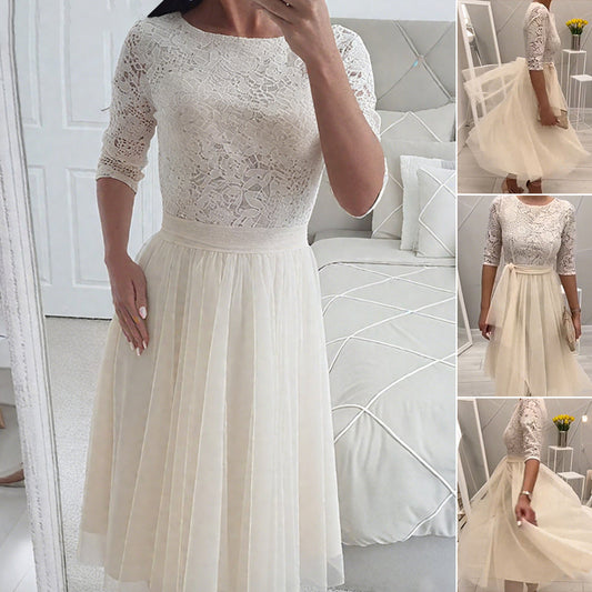 Elegant Lace-Neck Mesh Midi Dress