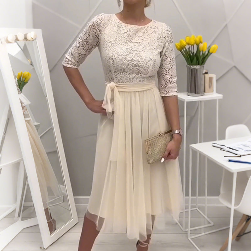 Elegant Lace-Neck Mesh Midi Dress