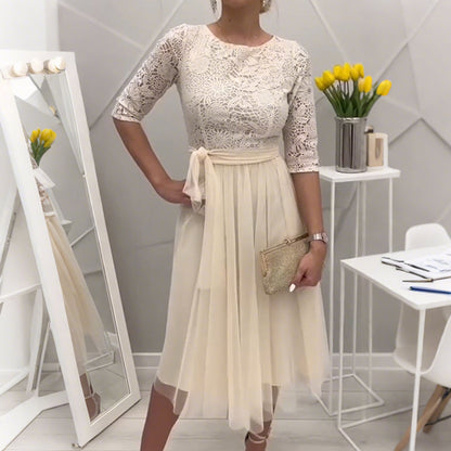 Elegant Lace-Neck Mesh Midi Dress
