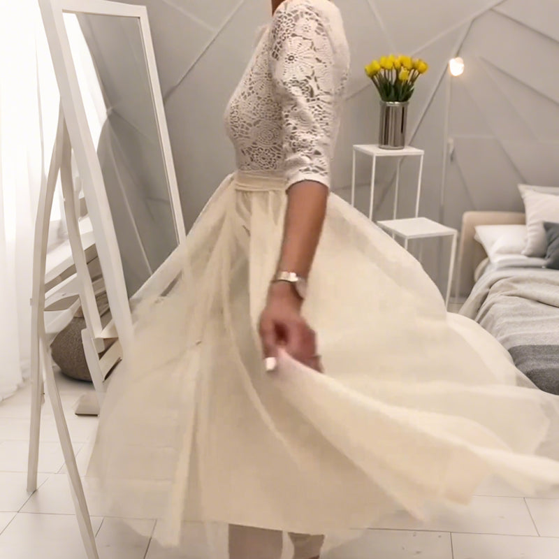 Elegant Lace-Neck Mesh Midi Dress