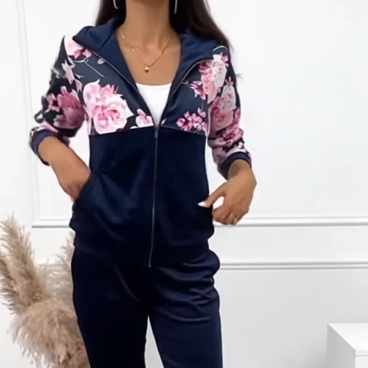 Women's Floral Printed Hooded 2 Pieces Sweatsuits Set