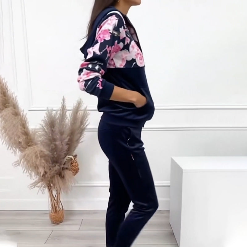 Women's Floral Printed Hooded 2 Pieces Sweatsuits Set
