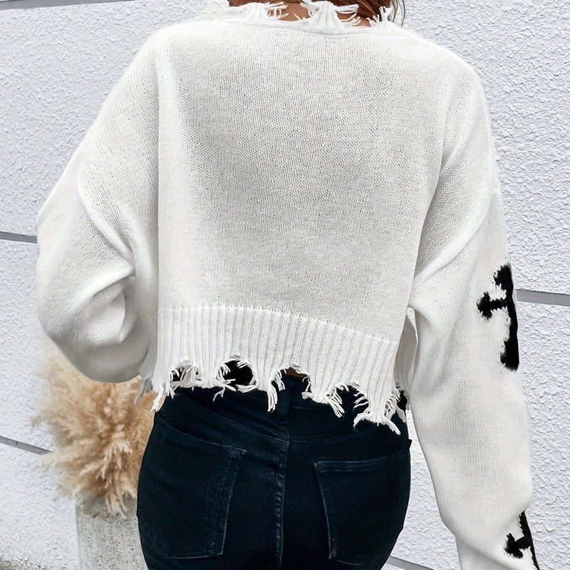 💖LAST DAY PROMOTION - 50%OFF 💖Women's Cross Graphic Ripped Cropped Sweater