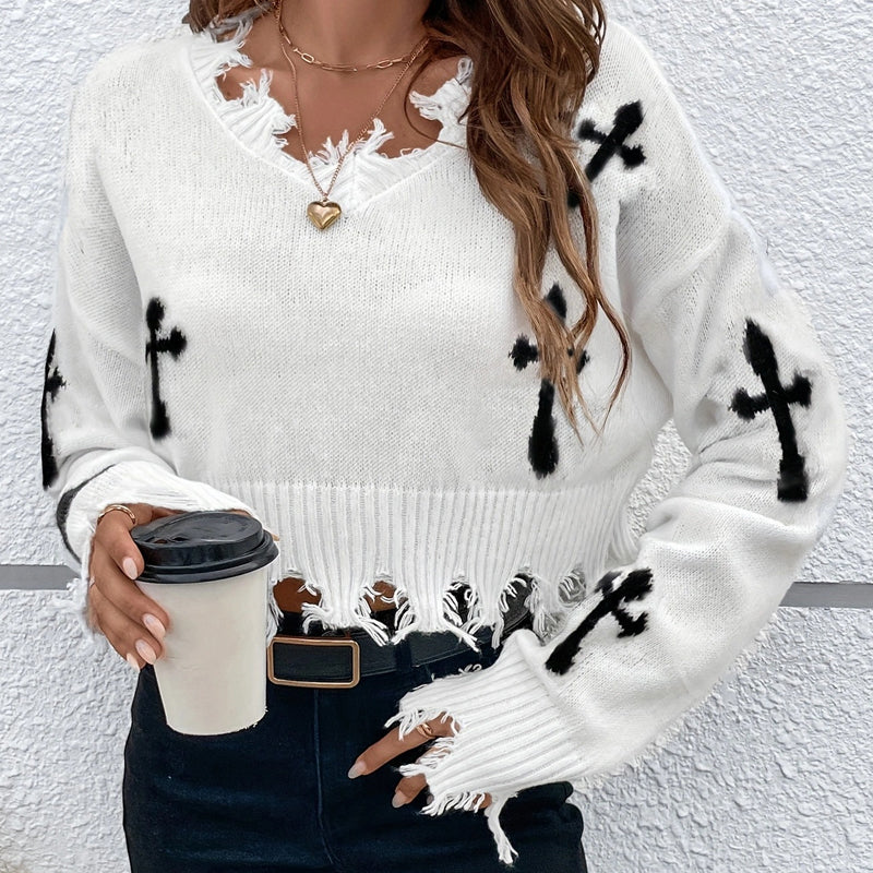 💖LAST DAY PROMOTION - 50%OFF 💖Women's Cross Graphic Ripped Cropped Sweater