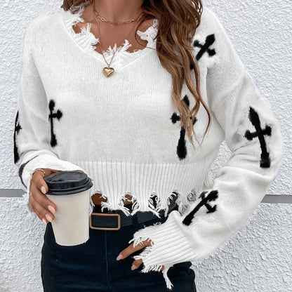 💖LAST DAY PROMOTION - 50%OFF 💖Women's Cross Graphic Ripped Cropped Sweater
