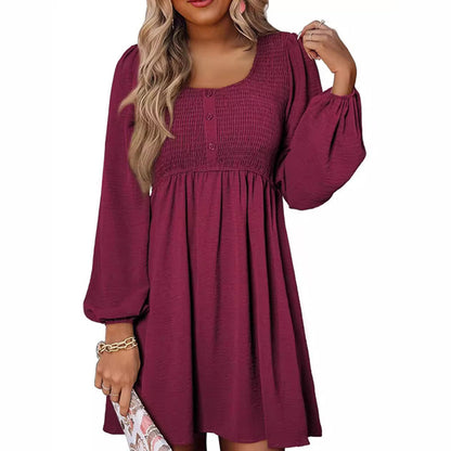 Women's Solid Color Lantern Sleeves Midi Dress