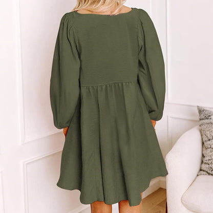Women's Solid Color Lantern Sleeves Midi Dress