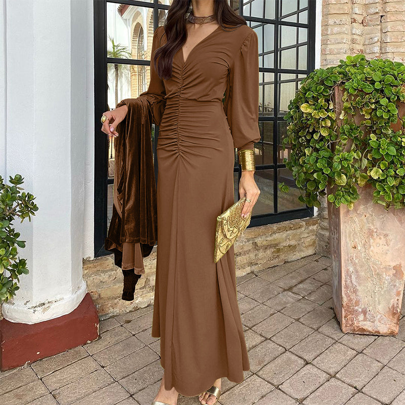 Women's V-Neck Ruched Long Dress