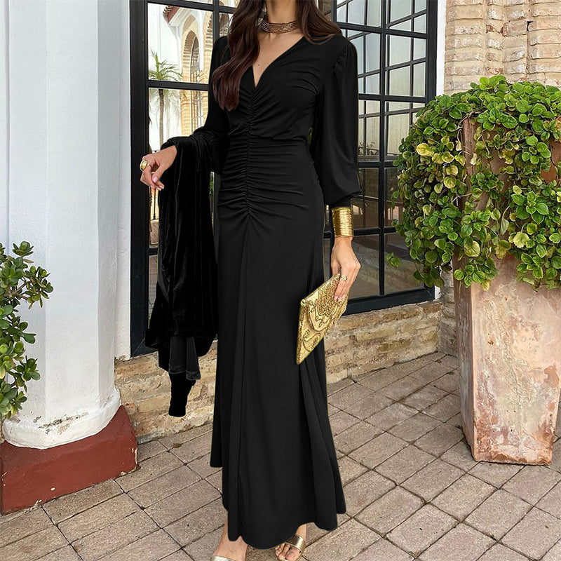 Women's V-Neck Ruched Long Dress
