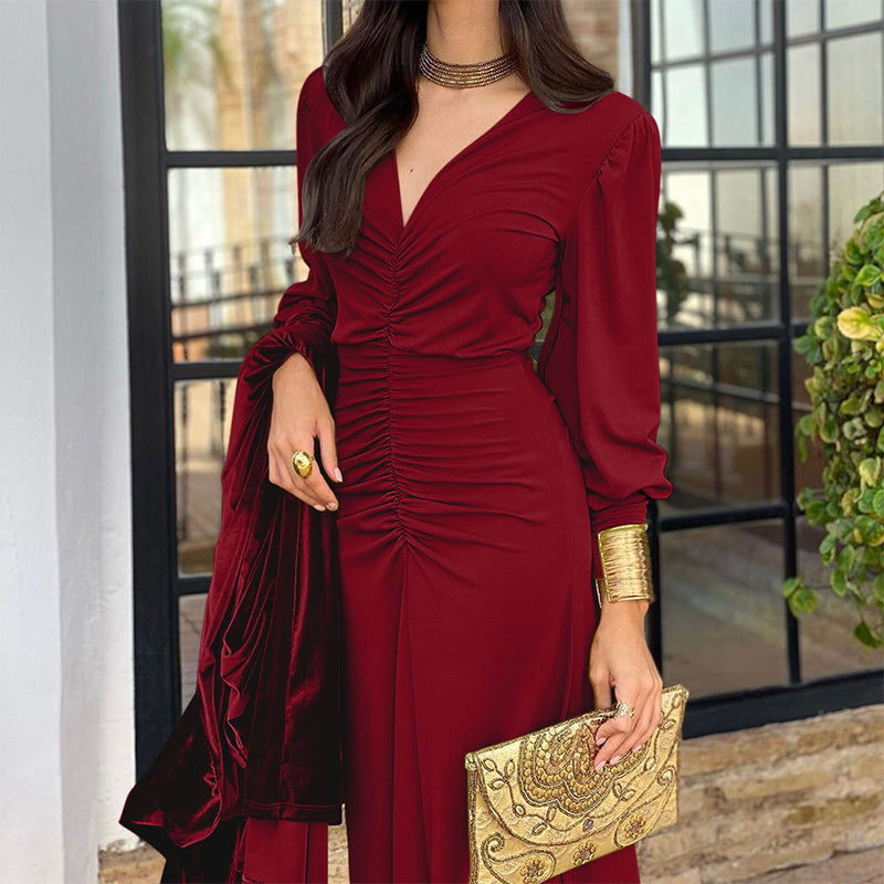 Women's V-Neck Ruched Long Dress