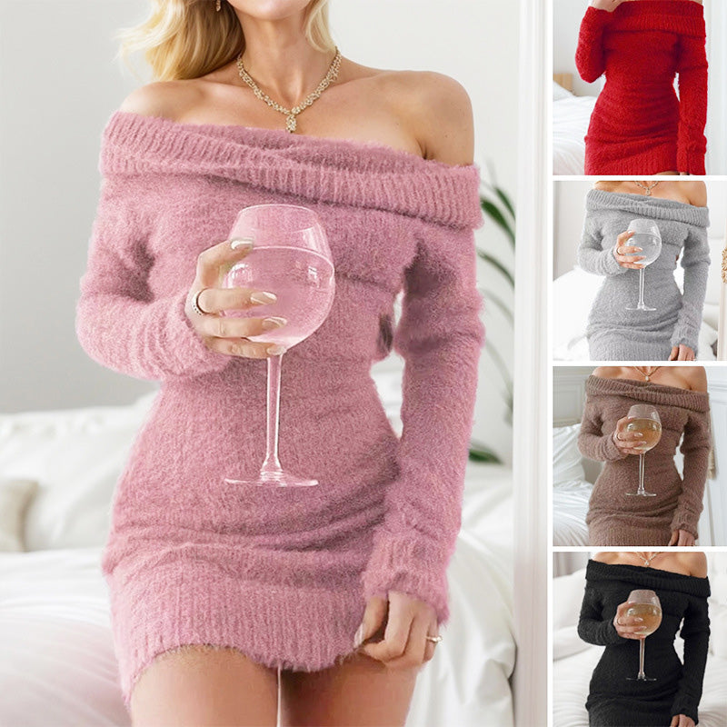 Women's Knitted Off-Shoulder Bodycon Sweater Mini Dress